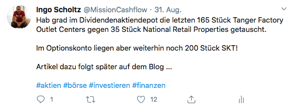 Twitter im August - Mission-Cashflow - Kauf von National Retail Properties