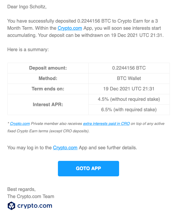 Crypto Earn Lending mit Crypto.com - Deposit Email