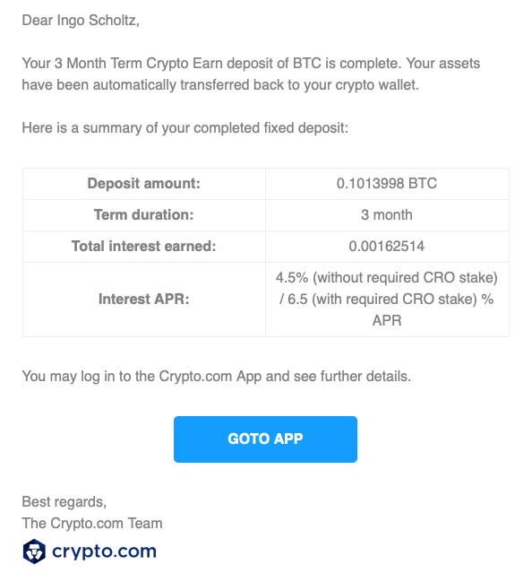 Crypto Earn Lending mit Crypto.com - Deposit End Email