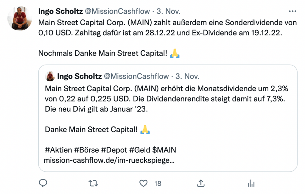 Twitter im November 2022 - Mission-Cashflow - Passives Einkommen mit Dividenden
