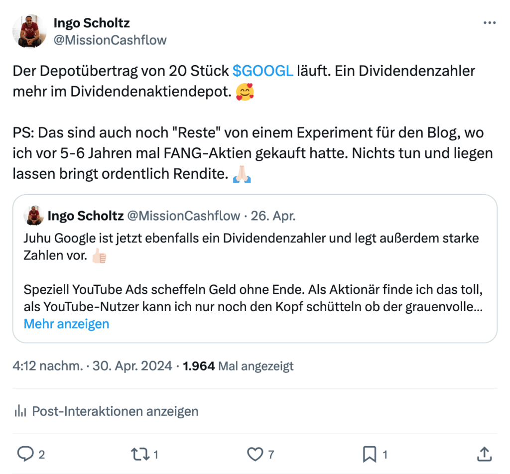 Twitter Dividendenankündigung Alphabet - Kauf von Alphabet