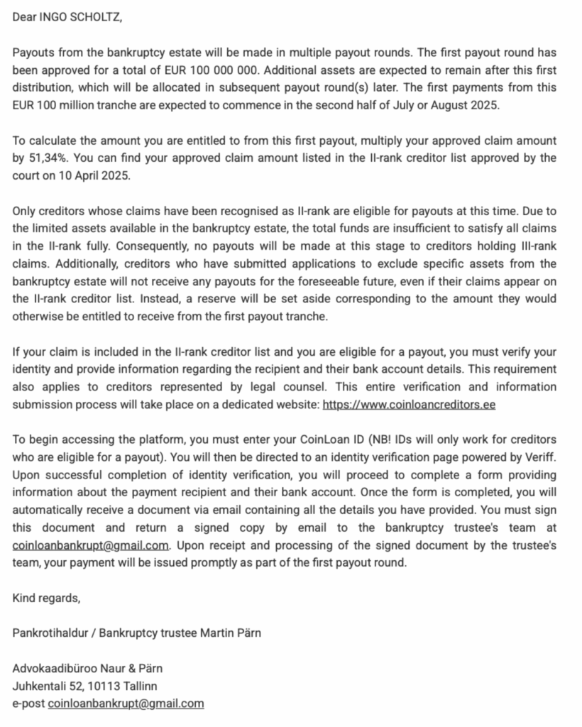 CoinLoan Payout Information Juli 2025