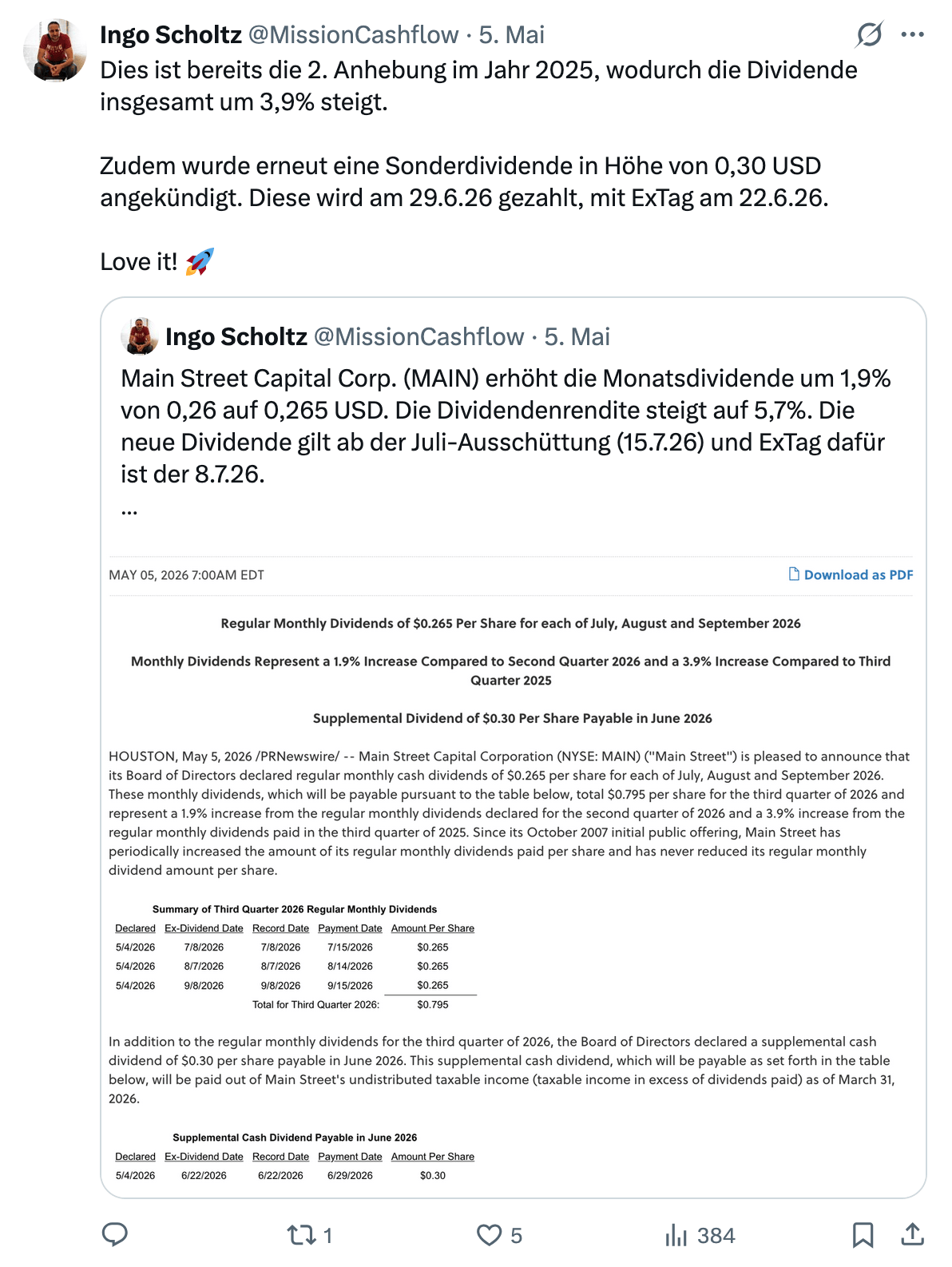 Twitter im Mai 2026 - Mission-Cashflow - Passives Einkommen und Dividendenbooster